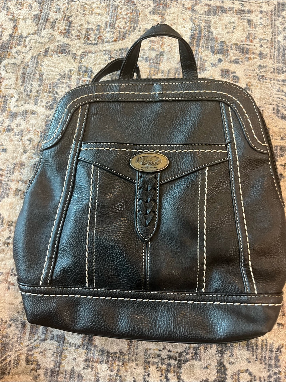 B.O.C. Black Leather Backpack Purse with Contrast Stitching